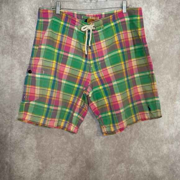 Polo Ralph Lauren Pastel Plaid Board Shorts Swim Trunks Men Size 36 Pony Logo - Picture 1 of 9